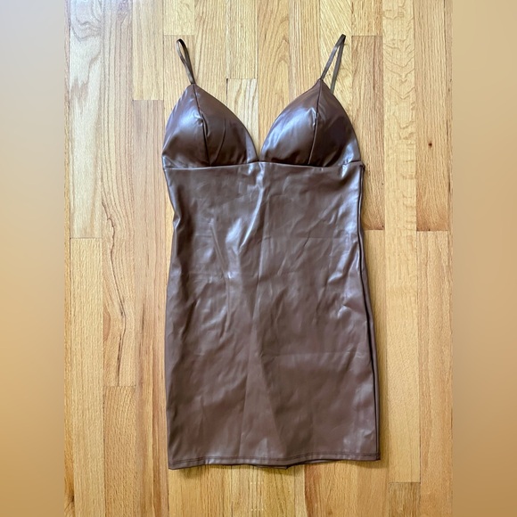 Akira Brown Faux Leather Mini Dress - Picture 1 of 4